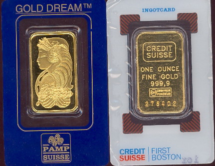  credit suisse and pamp suisse one ounce fine gold bars. 