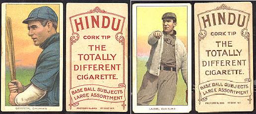 1909-1911 T206 Hindu cork tip cigarettes baseball cards, Griffith (Hindu red print), Lajoie (Hindu brown print).